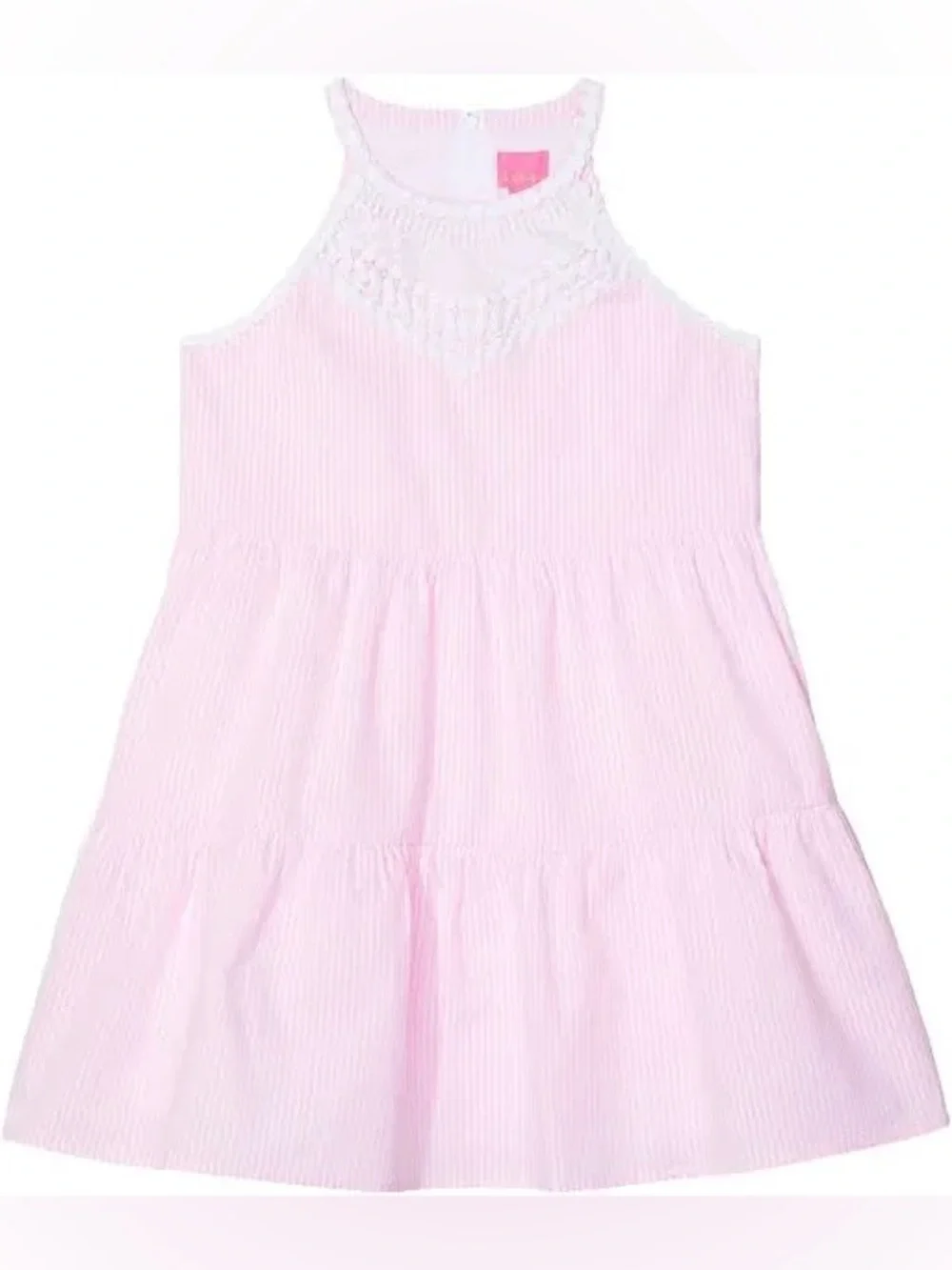 Lilly Pulitzer Girls Pink White Striped Tiered Dress Lace Bib Size 4